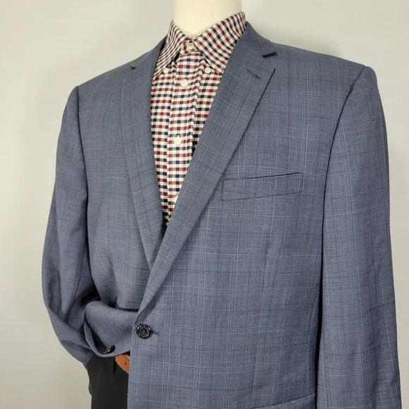 Egara Men's Sport Coat Blazer Two Button Navy Blue Plaid Wool Polyester Slim 50L